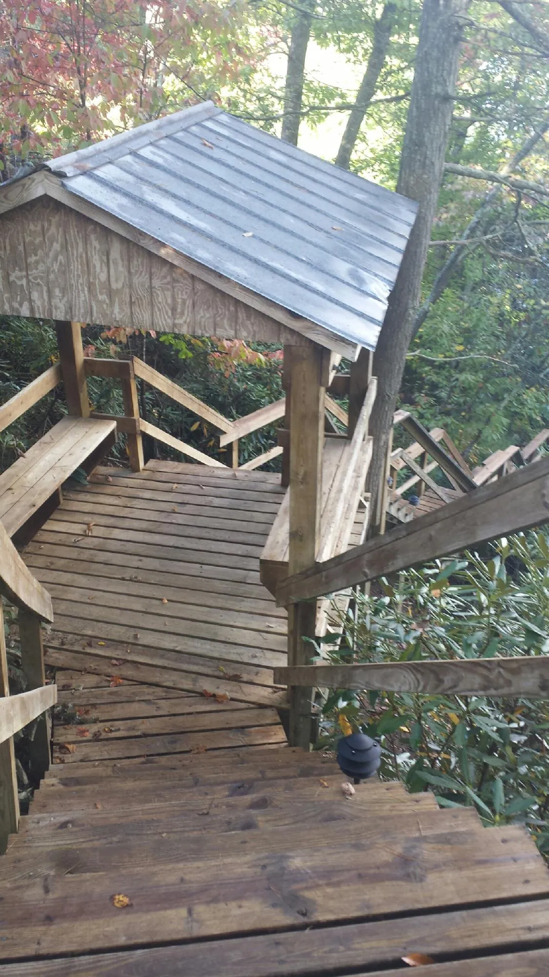 Metal roofed shelter over wooden steps on a wooded walkway — Skylight Repair & Installation work by our crew in Austinburg